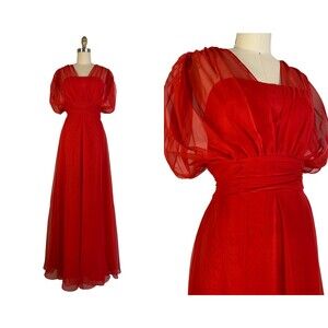 Vintage 1970s NOS Red Chiffon Gown with Grecian Style Bodice Size S/M